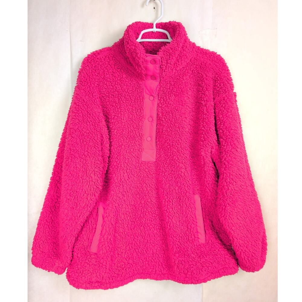 Eddie Bauer hot pink fuzzy Sherpa pullover jacket Size M Gorpcore Granola Cozy
